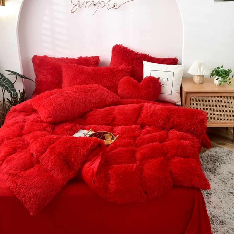 MorroMorn 5 PCS Shaggy Duvet Cover Bedding Set - Long Faux Fur Luxury Ultra Soft (Red, Full/Queen) - Image 5